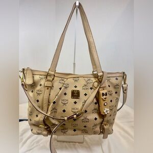 MCM Beige Visetos Monogram Leather Shoulder Bag
